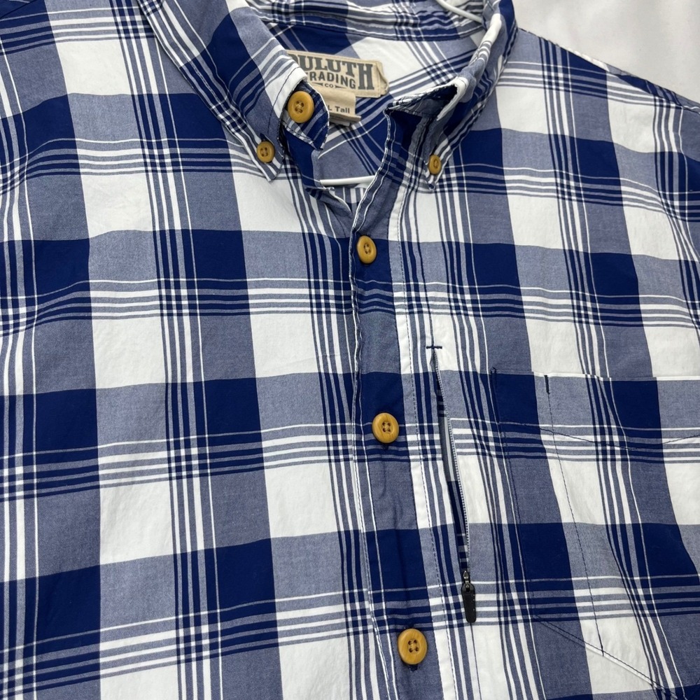 Duluth Trading Co Shirt Mens 2XL Tall Blue White Plaid Cotton Blend Relaxed Fit - Picture 12 of 12